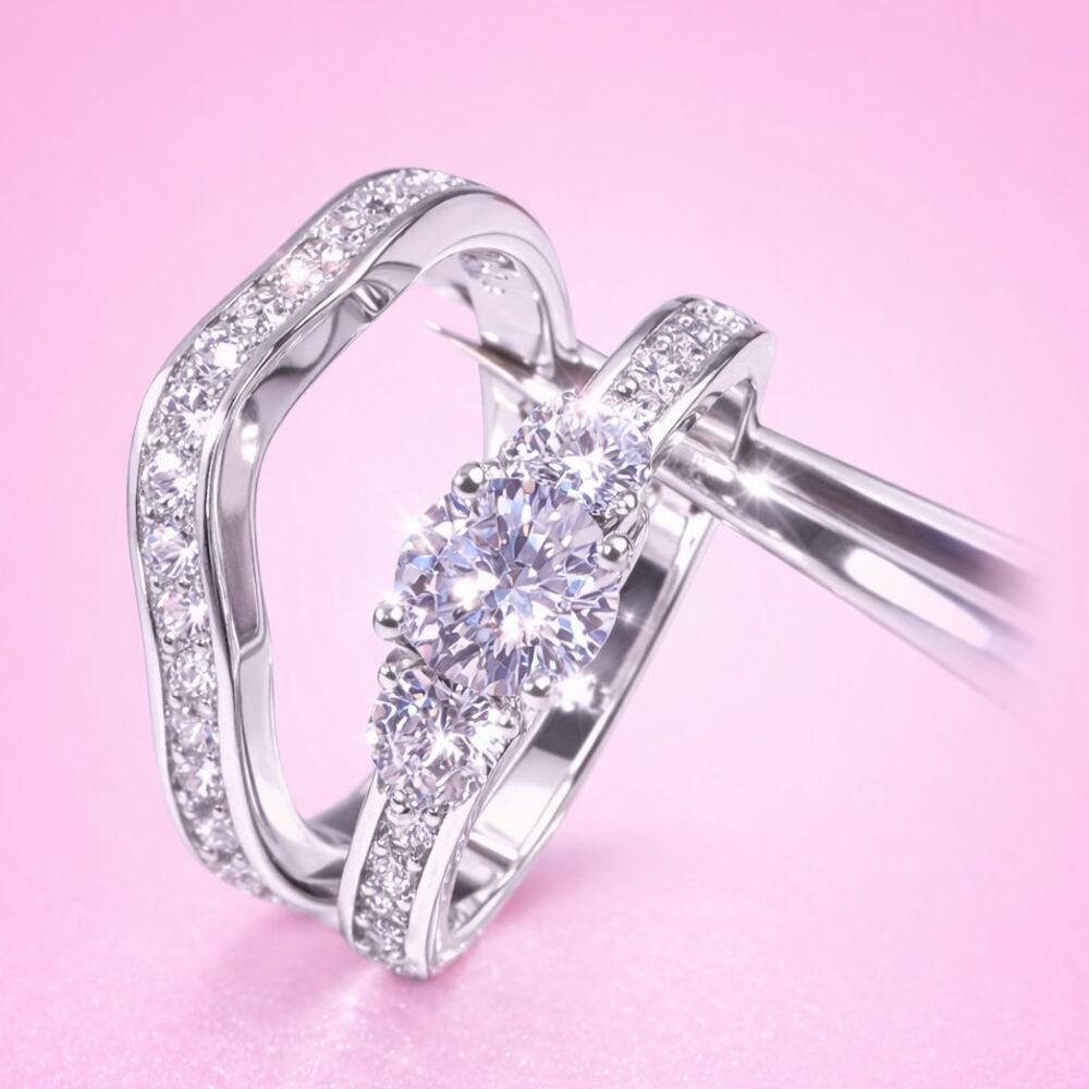 Clear Cubic Zirconia Silver -Tone Halo 2-Piece Band Set Size 6 Gift Box